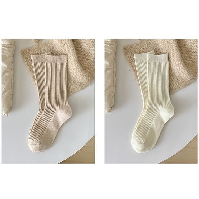 Plain Ribbed Short Socks Set - 2 Pairs - Khaki & White