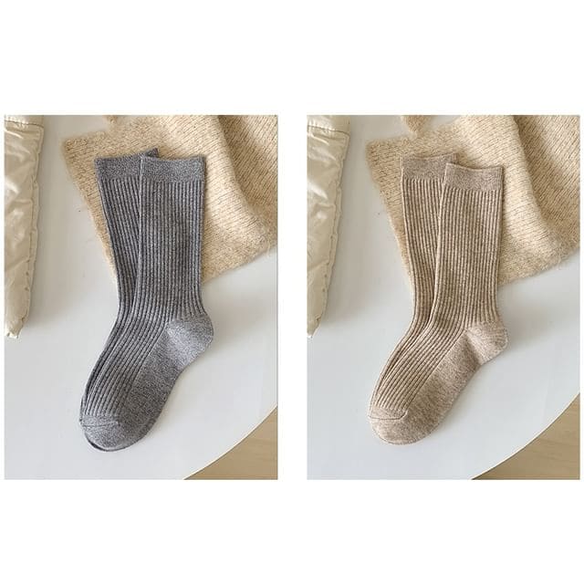 Plain Ribbed Short Socks Set - 2 Pairs - Light Gray & Light