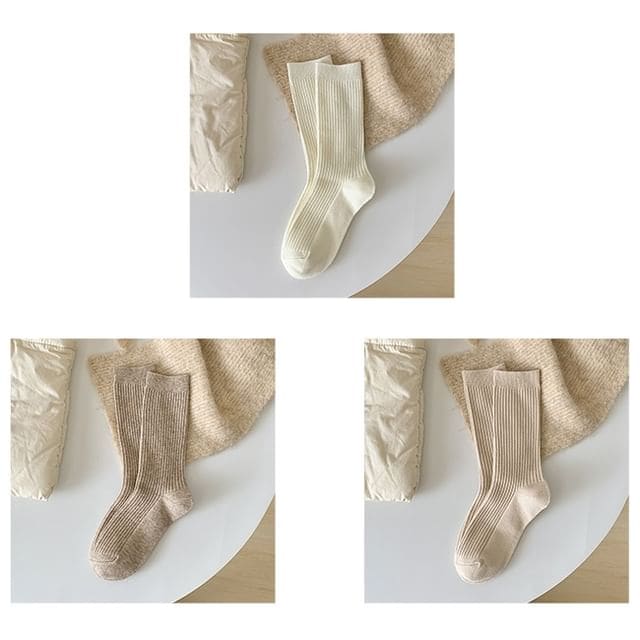 Plain Ribbed Short Socks Set - 3 Pairs - White & Light