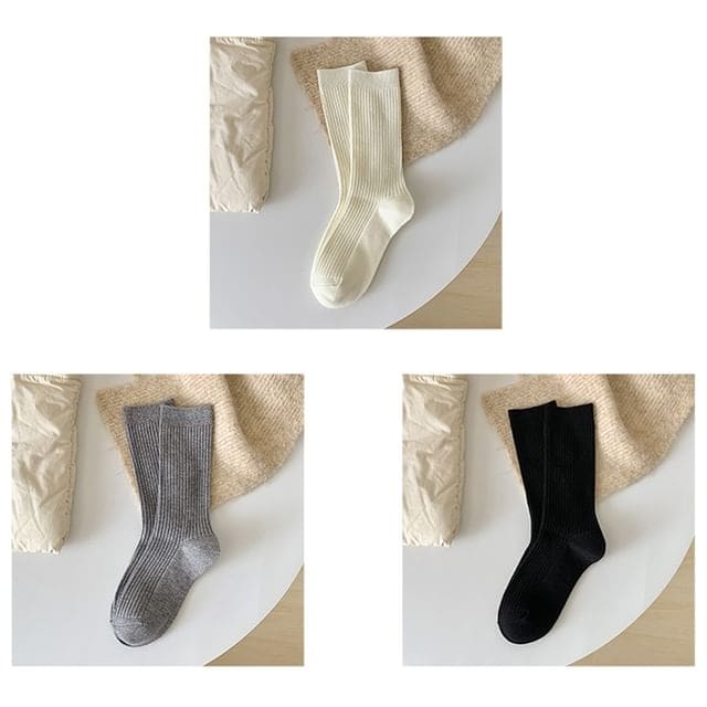 Plain Ribbed Short Socks Set - 3 Pairs - White & Light Gray