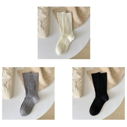 Plain Ribbed Short Socks Set - 3 Pairs - White & Light Gray