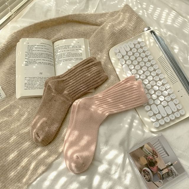 Plain Ribbed Socks / Set - 2 Pairs - Coffee & Pink