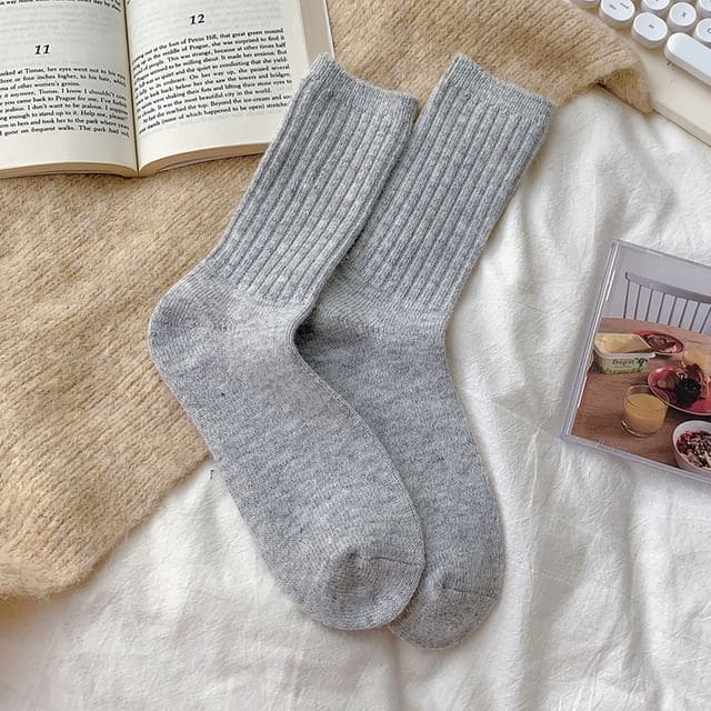 Plain Ribbed Socks / Set - 2 Pairs - Gray / One Size