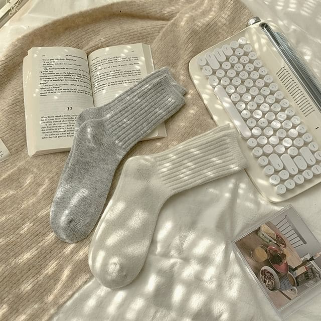 Plain Ribbed Socks / Set - 2 Pairs - Gray & White / One Size