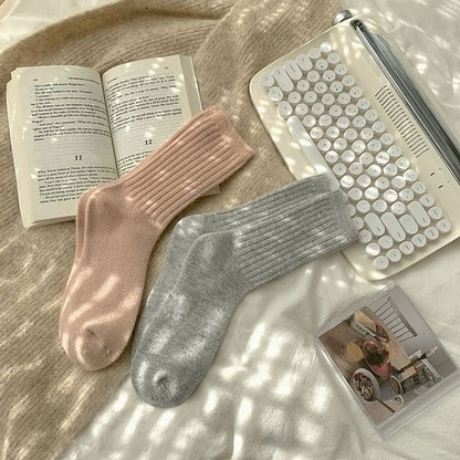 Plain Ribbed Socks / Set - 2 Pairs - Pink & Gray / One Size