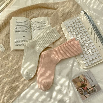 Plain Ribbed Socks / Set - 2 Pairs - White & Pink / One Size