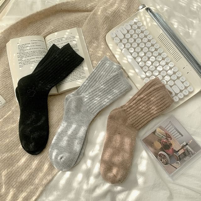 Plain Ribbed Socks / Set - 3 Pairs - Black & Gray & Coffee