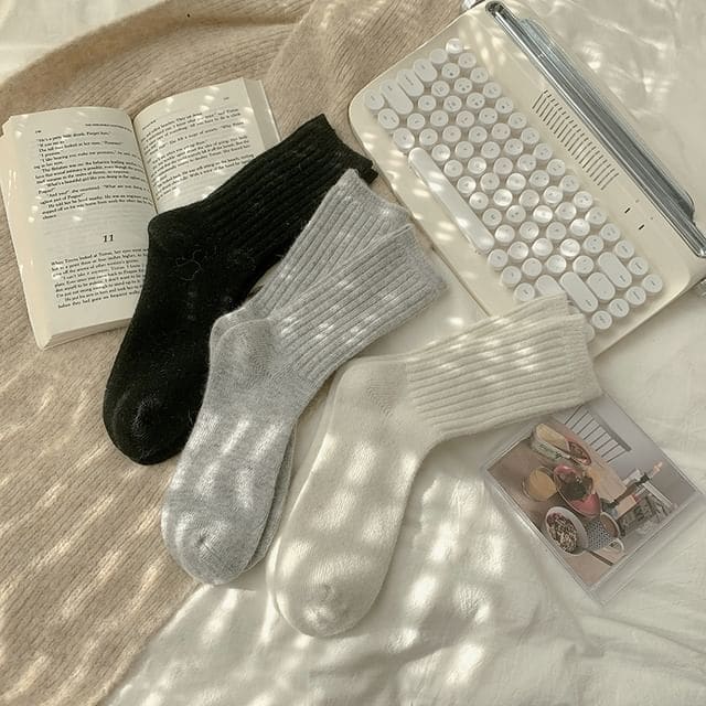 Plain Ribbed Socks / Set - 3 Pairs - Black & Gray & White