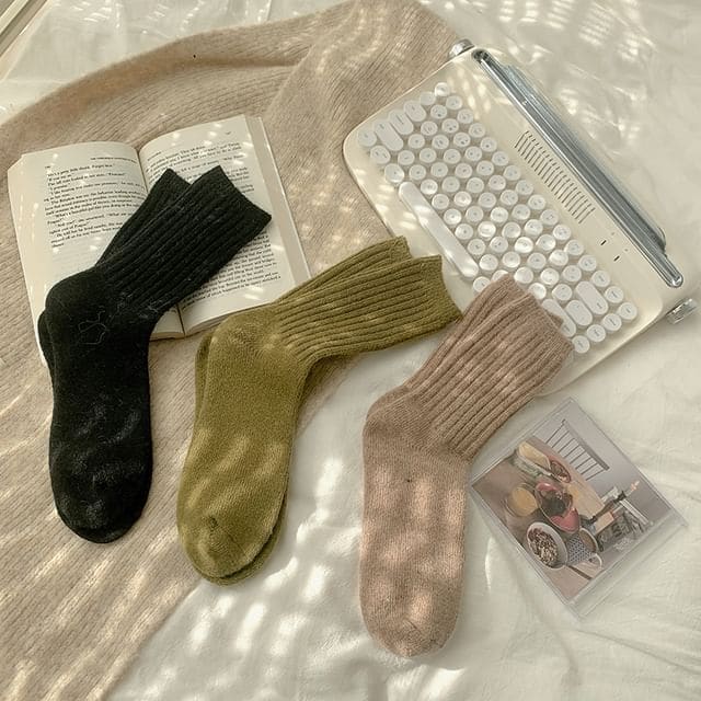 Plain Ribbed Socks / Set - 3 Pairs - Black & Green & Coffee