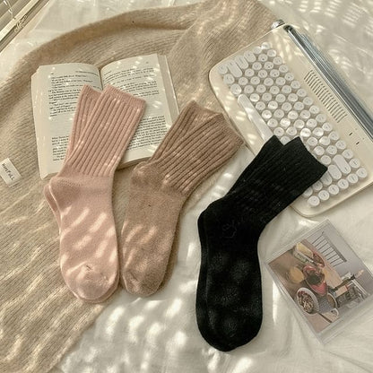 Plain Ribbed Socks / Set - 3 Pairs - Black & Pink & Coffee