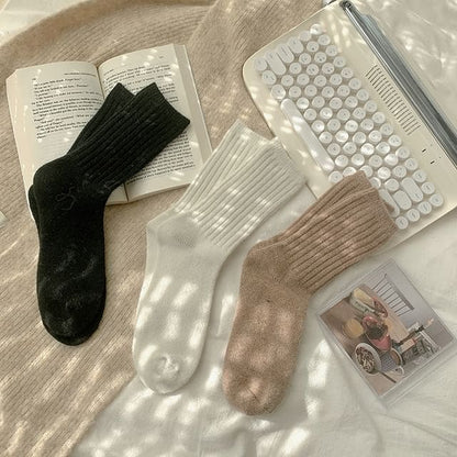 Plain Ribbed Socks / Set - 3 Pairs - Black & White & Coffee