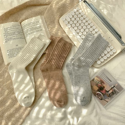 Plain Ribbed Socks / Set - 3 Pairs - Gray & Coffee & White