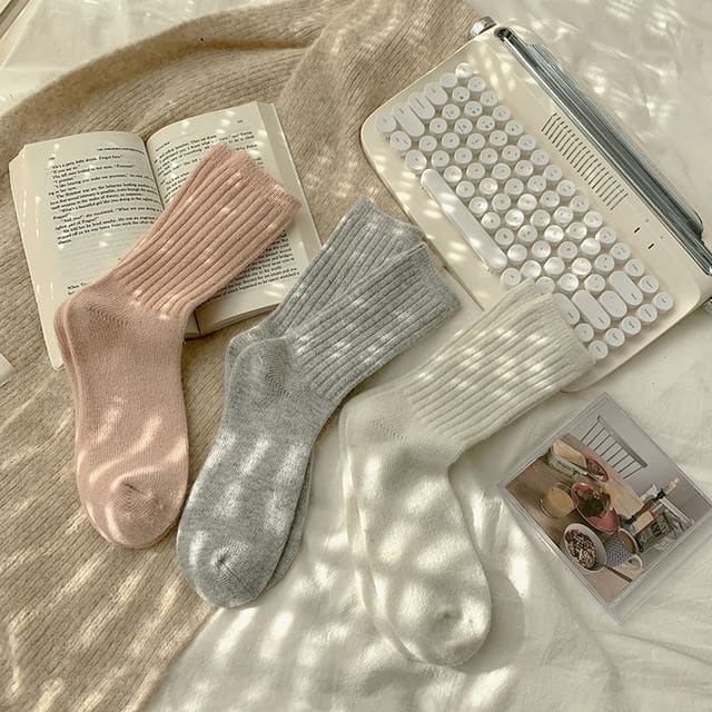 Plain Ribbed Socks / Set - 3 Pairs - Gray & Pink & White