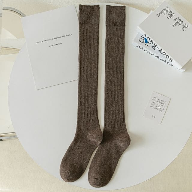 Plain Ribbed Tall Socks / Set - 1 pair - Dark Coffee