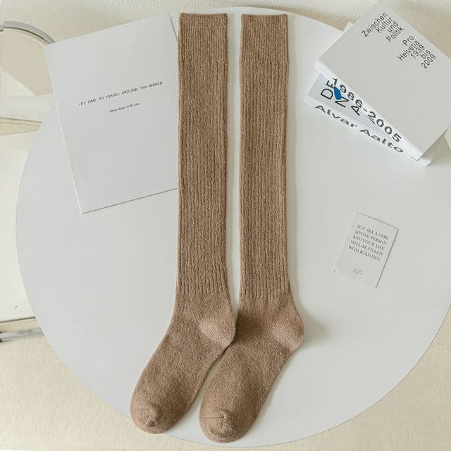 Plain Ribbed Tall Socks / Set - 1 pair - Light Coffee