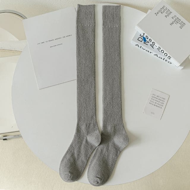 Plain Ribbed Tall Socks / Set - 1 pair - Light Gray