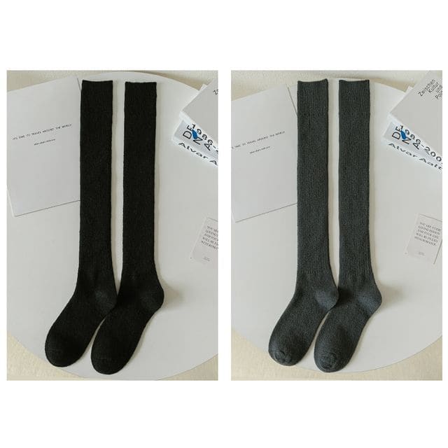 Plain Ribbed Tall Socks / Set - 2 pairs - Black & Dark Gray