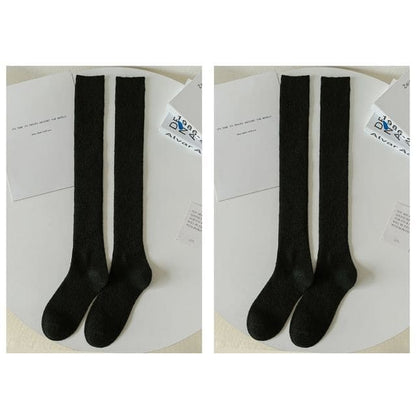 Plain Ribbed Tall Socks / Set - 2 pairs - Black / One Size