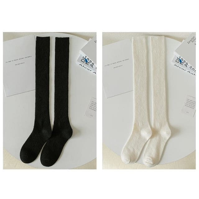 Plain Ribbed Tall Socks / Set - 2 pairs - Black & White