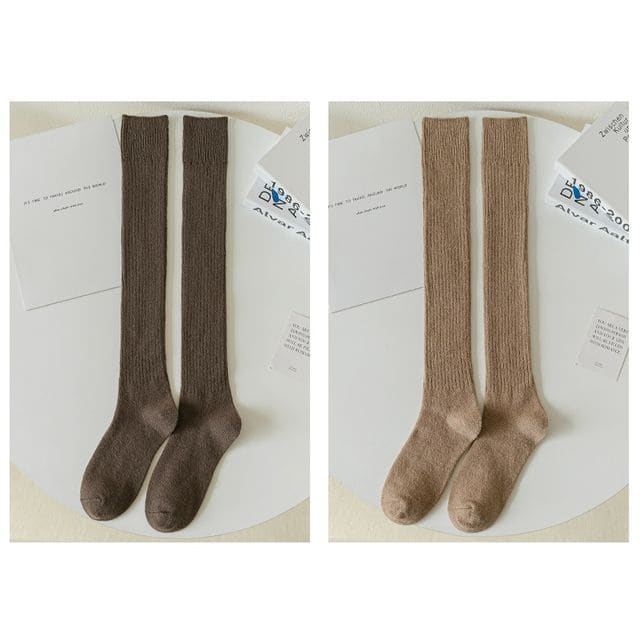 Plain Ribbed Tall Socks / Set - 2 pairs - Dark Coffee &