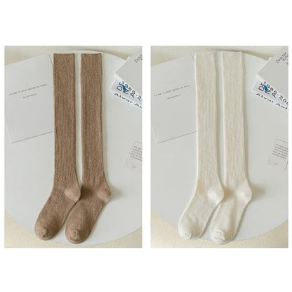 Plain Ribbed Tall Socks / Set - 2 pairs - Light Coffee &