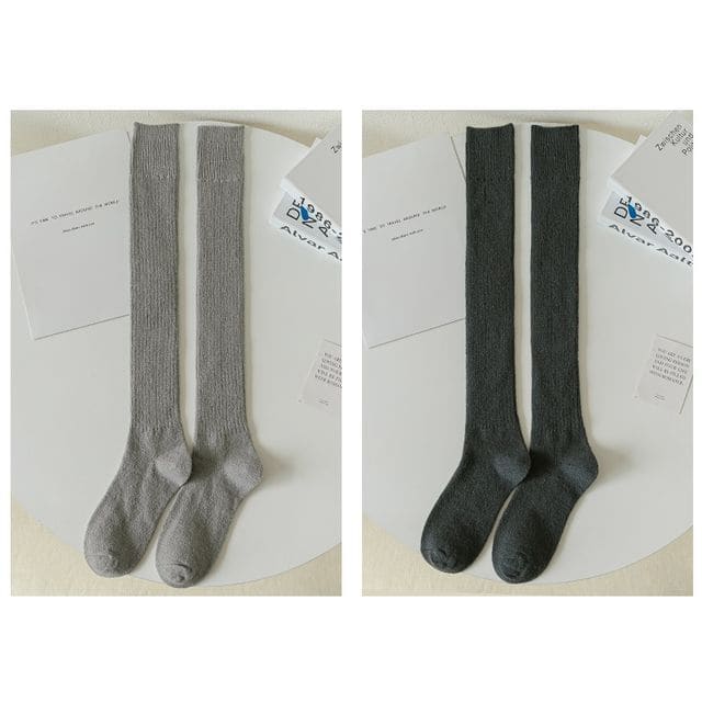 Plain Ribbed Tall Socks / Set - 2 pairs - Light Gray & Dark