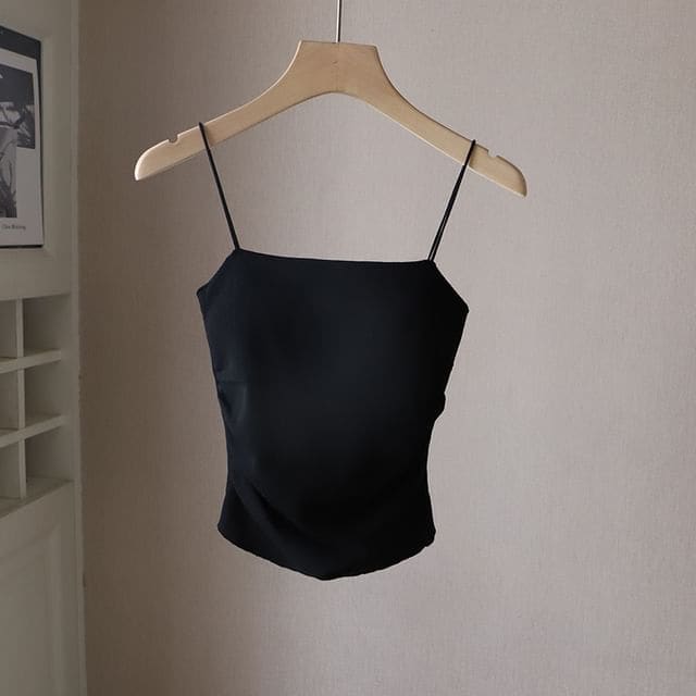 Plain Ruched Padded Camisole Top - Black / One Size