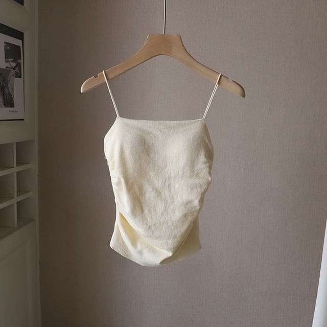 Plain Ruched Padded Camisole Top - Light Almond / One Size