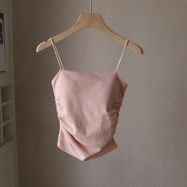 Plain Ruched Padded Camisole Top - Light Pink / One Size