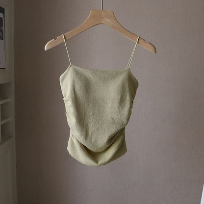 Plain Ruched Padded Camisole Top - Pea Green / One Size