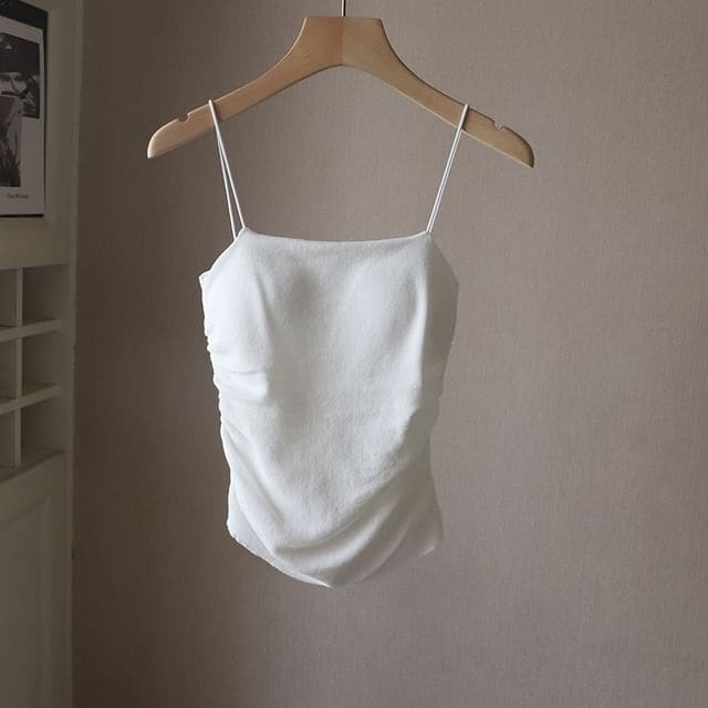 Plain Ruched Padded Camisole Top - White / One Size