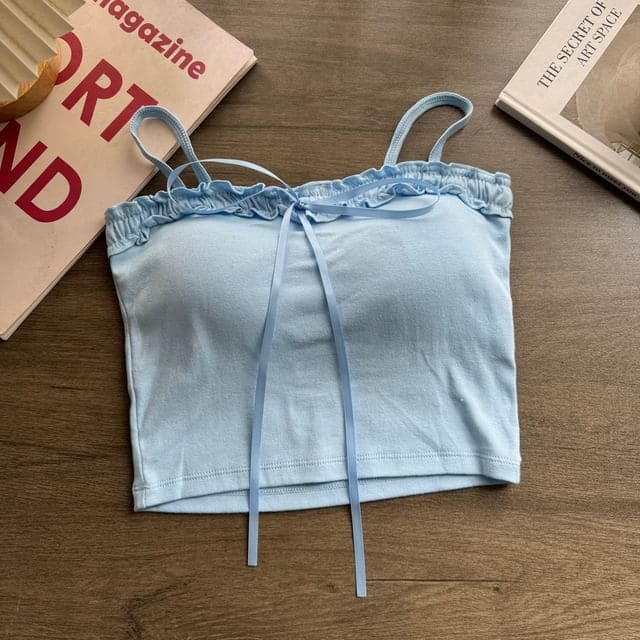 Plain Ruffle Bow Cropped Cami Top - Blue / One Size