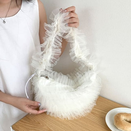 Plain Ruffle Mesh Shoulder Bag - Off-White / One Size