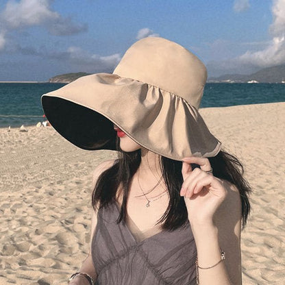 Plain Ruffle Sun Hat - Khaki / One Size