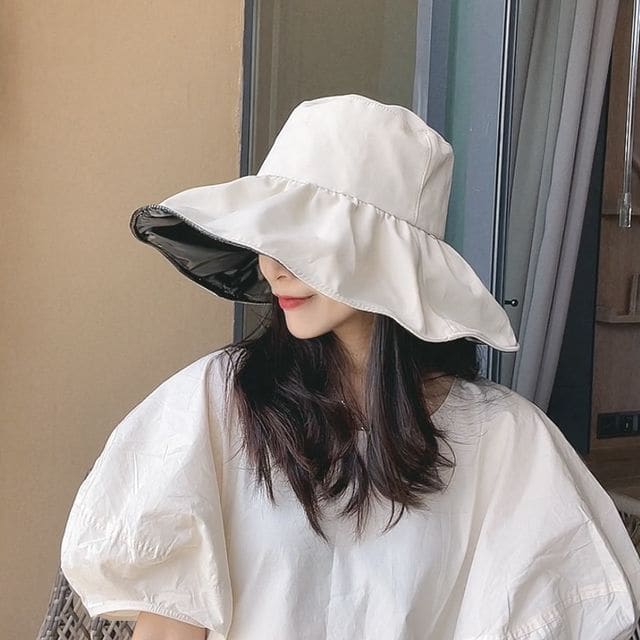 Plain Ruffle Sun Hat - Off-White / One Size