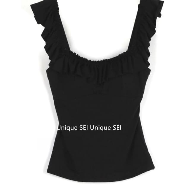 Plain Ruffle Tank Top - Black / S