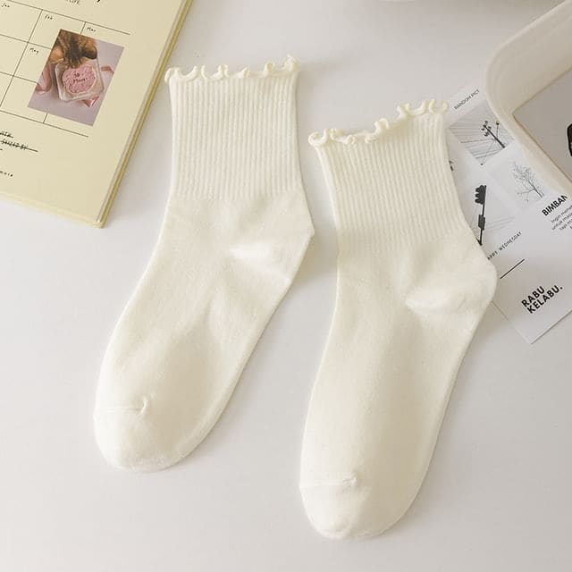 Plain Ruffle Trim Crew Socks - Beige / One Size