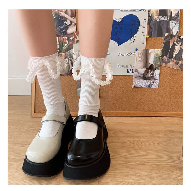 Plain Ruffled Cross Strap Tall Socks