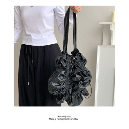 Plain Ruffled Drawstring Tote Bag