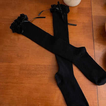 Plain Ruffled Ribbed Tall Socks - Black / One Size