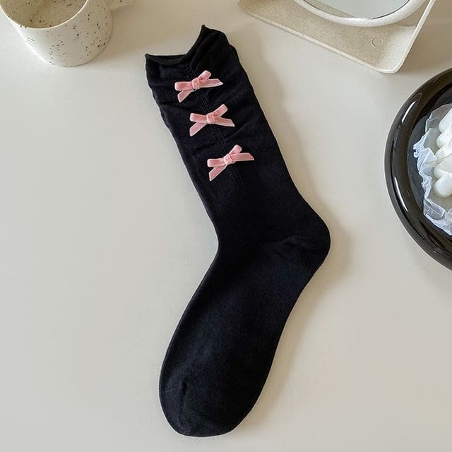 Plain Shirred Bow Socks - Pink Bow - Black / 35To40