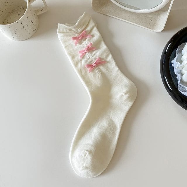 Plain Shirred Bow Socks - Pink Bow - White / 35To40