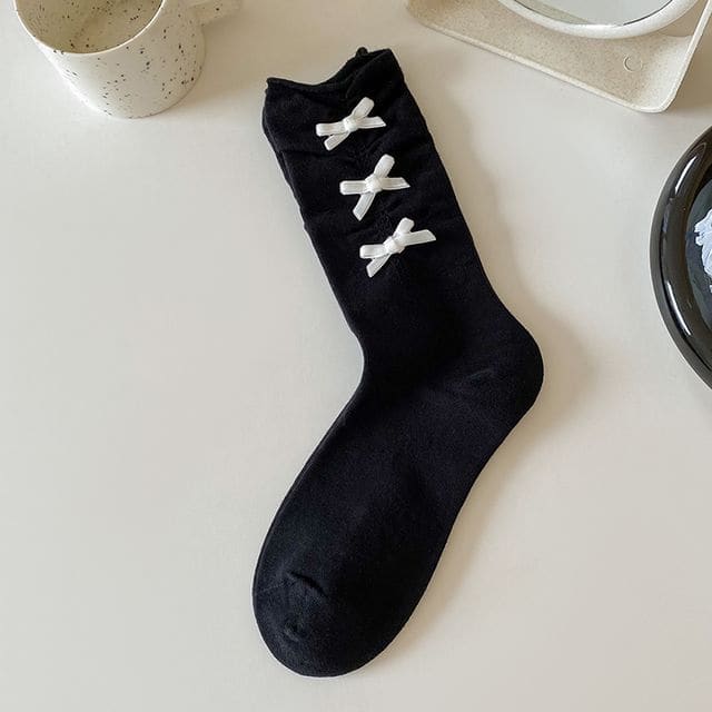 Plain Shirred Bow Socks - White Bow - Black / 35To40