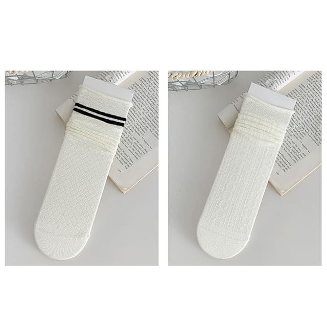 Plain Shirred Socks / Set - 05 - Set of 2 Pairs - White