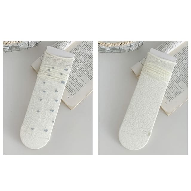 Plain Shirred Socks / Set - 07 - Set of 2 Pairs - White