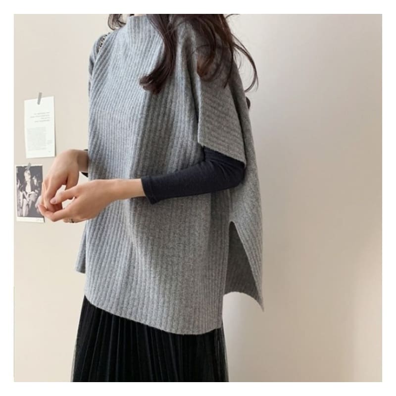 Plain Slit Ribbed Knit Poncho