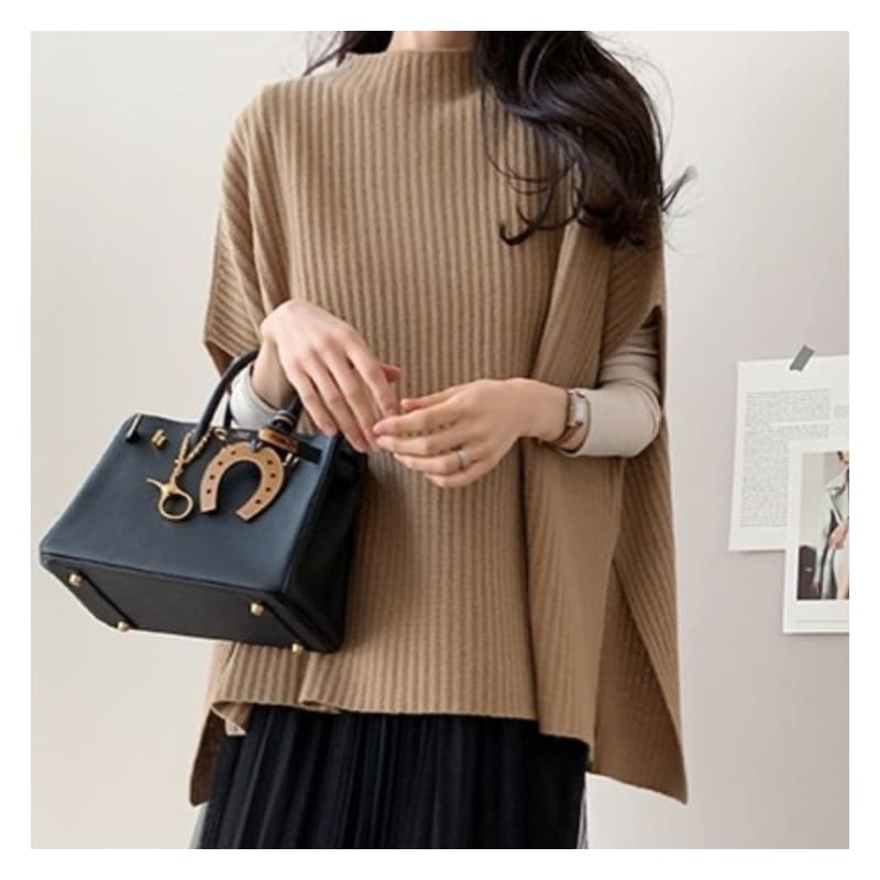 Plain Slit Ribbed Knit Poncho