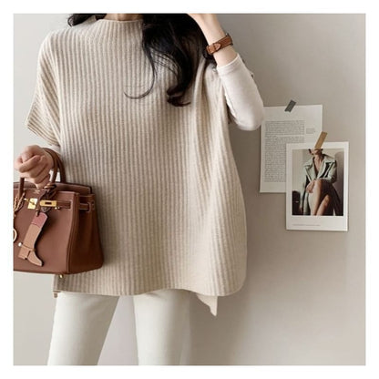 Plain Slit Ribbed Knit Poncho