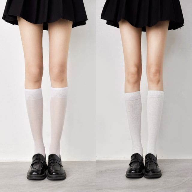 Plain Tall Socks Set - Set Of 2 Pairs - 1 Pair See Through