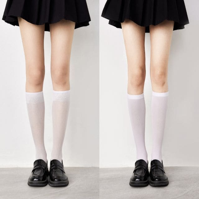 Plain Tall Socks Set - Set Of 2 Pairs - 1 Pair See Through